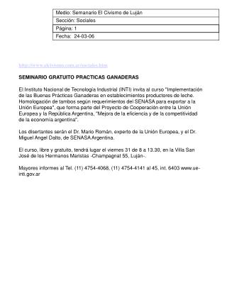 Medio: Semanario El Civismo de Luján Sección: Sociales Página: 1 Fecha: 24-03-06