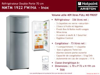 Réfrigérateur Double Porte 70 cm NMTM 1922 FW/HA - Inox