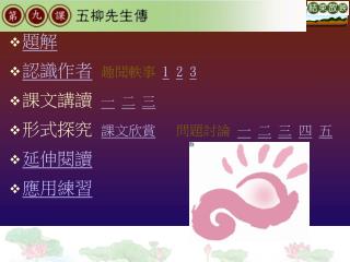 題解 認識作者 趣聞軼事 1 2 3 課文講讀 一 二 三 形式探究 課文欣賞 問題討論 一 二 三 四 五 延伸閱讀 應用練習