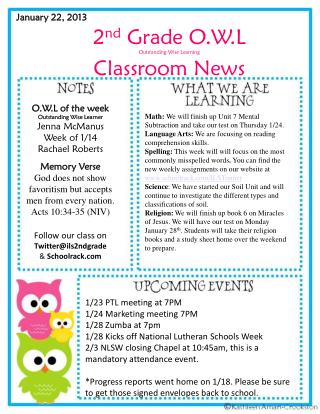 2 nd Grade O.W.L Outstanding Wise Learning Classroom News
