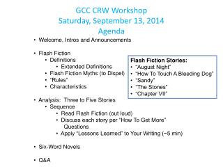 GCC CRW Workshop Saturday, September 13, 2014 Agenda