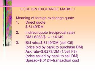 FOREIGN EXCHANGE MARKET 	A.	Meaning of foreign exchange quote 		1.	Direct quote 			$.6149/DM