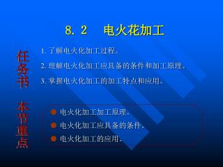 1. 了解电火化加工过程。 2. 理解电火化加工应具备的条件和加工原理。 3. 掌握电火化加工的加工特点和应用。