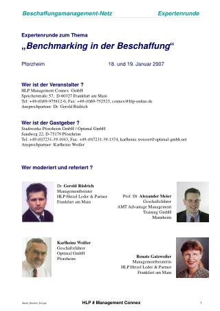 Expertenrunde zum Thema „ Benchmarking in der Beschaffung “ Pforzheim 	18. und 19. Januar 2007