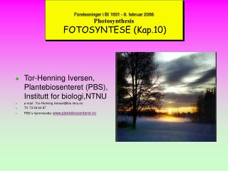 Forelesninger i BI 1001 - 9. februar 2006 Photosynthesis FOTOSYNTESE (Kap.10)