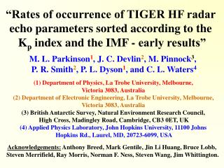 “Rates of occurrence of TIGER HF radar echo parameters sorted according to the