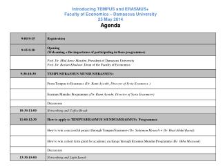 Introducing TEMPUS and ERASMUS+ Faculty of Economics – Damascus University 25 May 2014 Agenda
