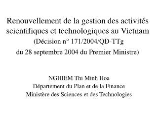 NGHIEM Thi Minh Hoa Département du Plan et de la Finance