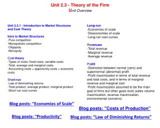 Unit 2.3.1 - Introduction to Market Structures and Cost Theory Intro to Market Structures