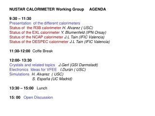 NUSTAR CALORIMETER Working Group AGENDA 9:30 – 11:30 Presentation of the different calorimeters