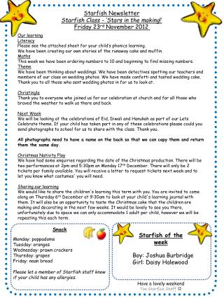 Starfish Newsletter Starfish Class - ‘Stars in the making !’