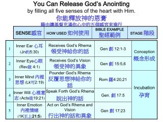 You Can Release God’s Anointing by filling all five senses of the heart with Him. 你能釋放神的恩膏 藉由讓基督充滿你心中的五個感官來進行