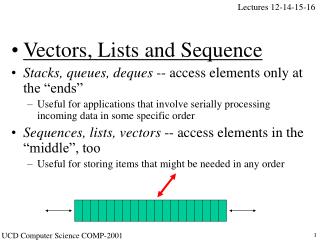 Vectors, Lists and Sequence Stacks, queues, deques -- access elements only at the “ends”