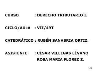 CURSO		: DERECHO TRIBUTARIO I. CICLO/AULA	: VII/49T CATEDRÁTICO : RUBÉN SANABRIA ORTIZ.