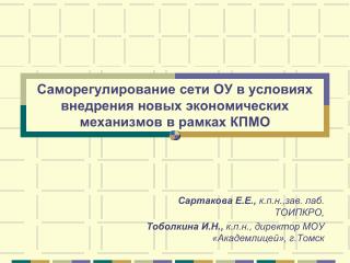 Саморегулирование сети ОУ в условиях внедрения новых экономических механизмов в рамках КПМО