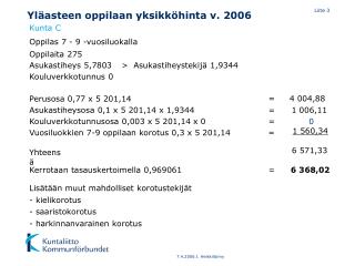 Yläasteen oppilaan yksikköhinta v. 2006