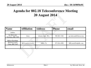 Agenda for 802.18 Teleconference Meeting 20 August 2014