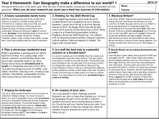 Year 9 Homework: Can Geography make a difference to our world? 1