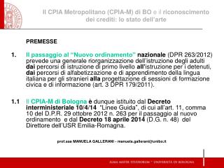 Il CPIA Metropolitano (CPIA-M) di BO e il riconoscimento dei crediti: lo stato dell’arte