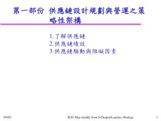 第一部份 供應鏈設計規劃與營運之策略性架構 1.了解供應鏈 2.供應鏈績效 3.供應鏈驅動與阻礙因素