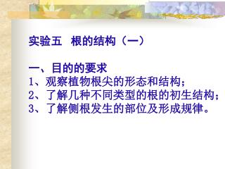 实验五 根的结构（一） 一、目的的要求 1 、观察植物根尖的形态和结构； 2 、了解几种不同类型的根的初生结构； 3 、了解侧根发生的部位及形成规律。