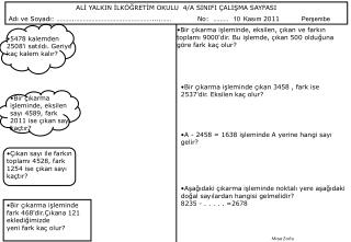 ALİ YALKIN İLKÖĞRETİM OKULU 4/A SINIFI ÇALIŞMA SAYFASI