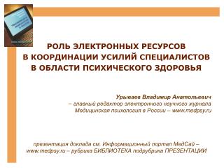 РОЛЬ ЭЛЕКТРОННЫХ РЕСУРСОВ В КООРДИНАЦИИ УСИЛИЙ СПЕЦИАЛИСТОВ В ОБЛАСТИ ПСИХИЧЕСКОГО ЗДОРОВЬЯ