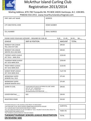 McArthur Island Curling Club Registration 2013/2014