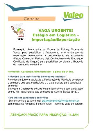 VAGA URGENTE! Estágio em Logística – Importação/Exportação