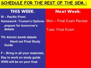 THIS WEEK: W – Pacific Front Homework: Truman’s Options 	prepare for tomorrow’s debate