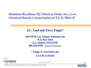 Minimum Beryllium TQ (Metal or Oxide) for a Low Chemical Hazard Categorization at TA-21 MDA-B