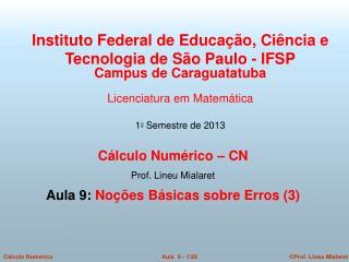Cálculo Numérico – CN Prof. Lineu Mialaret Aula 9: Noções Básicas sobre Erros (3)