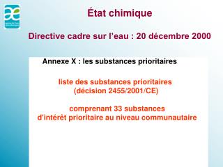 État chimique Directive cadre sur l’eau : 20 décembre 2000