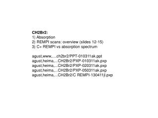 CH2Br2: 1) Absorption 2) REMPI scans: overview (slides 12-15) 3) C+ REMPI vs absorption spectrum