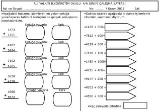 ALİ YALKIN İLKÖĞRETİM OKULU 4/A SINIFI ÇALIŞMA SAYFASI