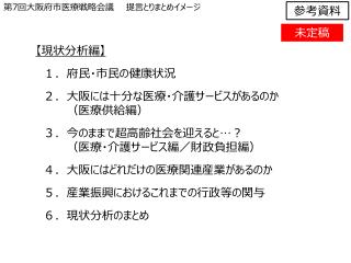 【 現状分析編 】 　１．府民・市民の健康状況 　２．大阪には十分な医療・介護サービスがあるのか 　　　　（医療供給編）