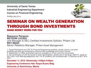 Seminar on Wealth Generation through Bond Investments Make Money Work for you