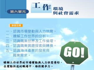 一、認識市場變動與人力供需。 二、瞭解工作世界的分析。 三、認識職業世界及工作倫理。 四、認識職業興趣探索與轉換。 五、認識海洋產業的發展與 職業需求。