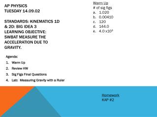 Agenda: Warm Up Review HW Sig Figs Final Questions Lab: Measuring Gravity with a Ruler