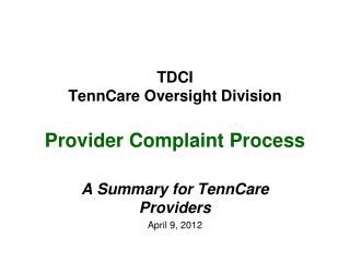 TDCI TennCare Oversight Division Provider Complaint Process