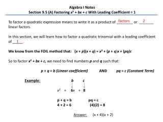 Algebra I Notes Section 9.5 (A) Factoring x 2 + bx + c With Leading Coefficient = 1