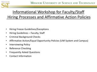Informational Workshop for Faculty/Staff Hiring Processes and Affirmative Action Policies