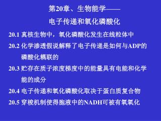 20.1 真核生物中，氧化磷酸化发生在线粒体中 20.2 化学渗透假说解释了电子传递是如何与 ADP 的 磷酸化耦联的 20.3 贮存在质子浓度梯度中的能量具有电能和化学