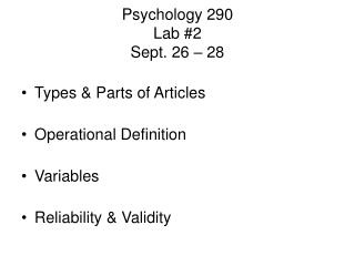 Psychology 290 Lab #2 Sept. 26 – 28