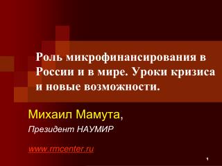 Роль микрофинансирования в России и в мире. Уроки кризиса и новые возможности.