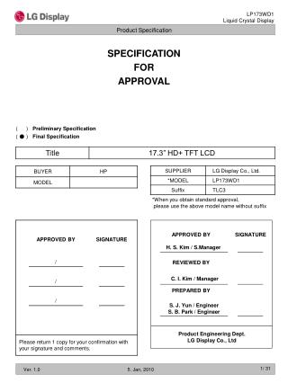SPECIFICATION FOR APPROVAL