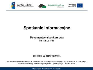 Spotkanie informacyjne Dokumentacja konkursowa Nr 1/8.2.1/11 Szczecin, 20 czerwca 2011 r.