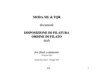 MODA-ML &amp; TQR documenti DISPOSIZIONE DI FILATURA ORDINE DI FILATO draft for final comments