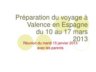 Préparation du voyage à Valence en Espagne du 10 au 17 mars 2013