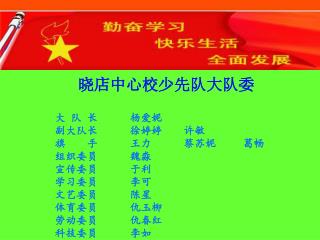 晓店中心校少先队大队委 大 队 长 杨爱妮 副大队长 徐婷婷 许敏 旗 手 王力 蔡苏妮 葛畅 组织委员 魏淼